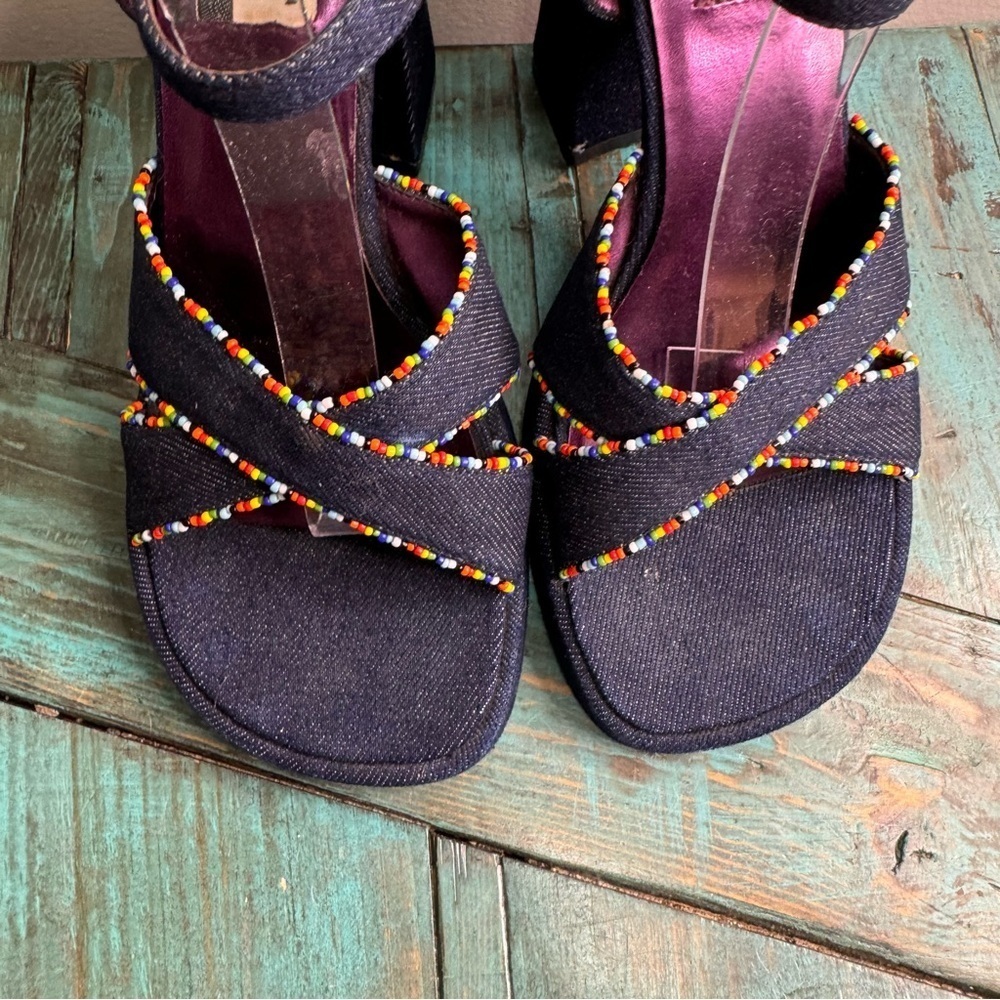 Vintage 725 Originals Denim & Beaded Chunky Platform Sandals Size 8 - Picture 9 of 11